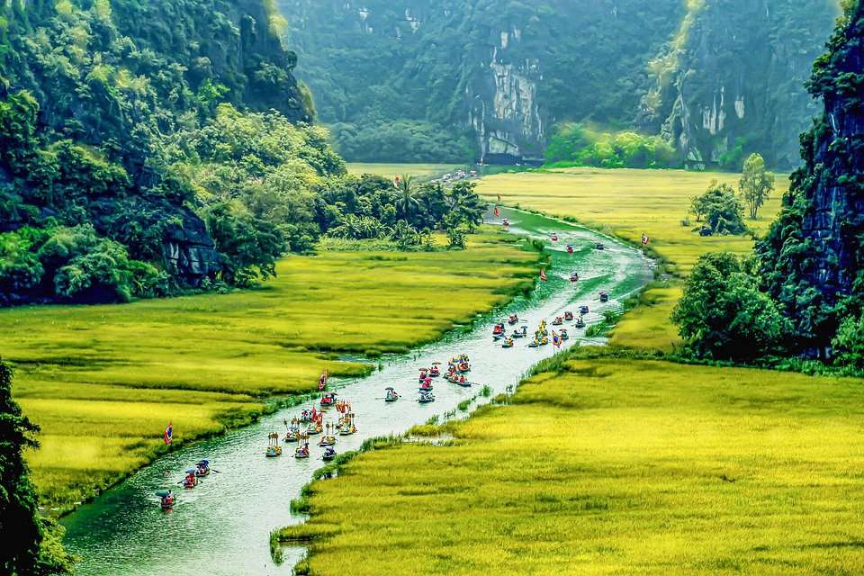 Quý khách ngồi thuyền ngu ngoạn trên sông Ngô Đồng trong KDL Tam Cốc.
