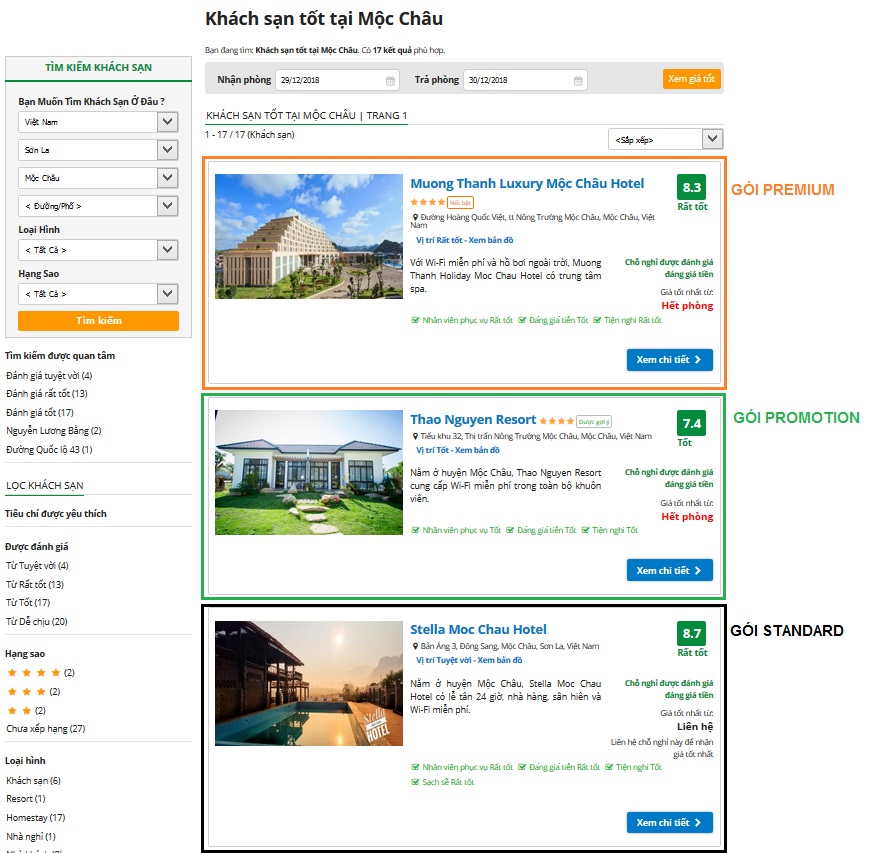 Thứ tự các gói quảng cáo trong trang danh sách hiển thị kết quả tìm kiếm khách sạn