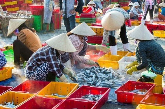 Cảnh tấp nập mua bán hải sản ở Làng Chài Long Hải.