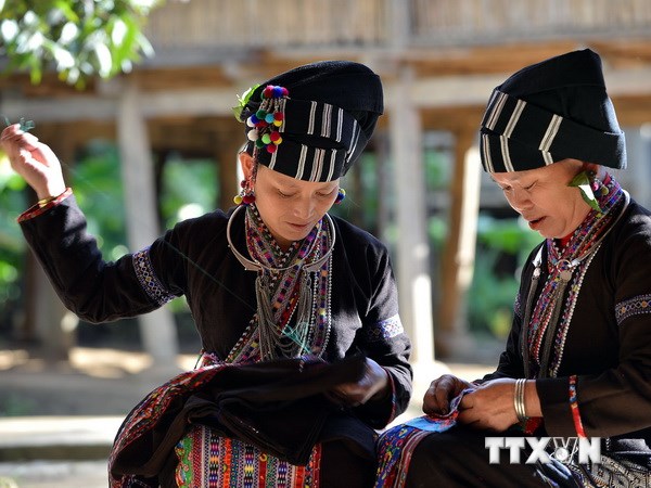 Trang phục truyền thống của người Lự với đường nét hoa văn độc đáo được làm bởi những bàn tay khéo léo của người phụ nữ. (Ảnh: Thanh Hà/TTXVN)