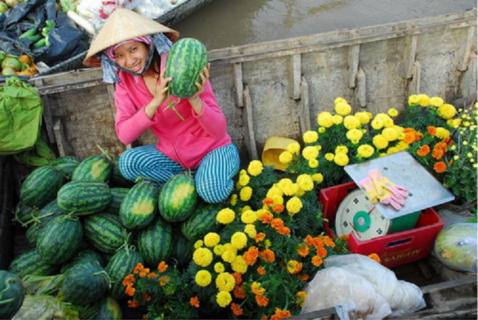 Việc mua bán diễn ra rộn ràng với nhiều màu sắc của trái cây, rau trái và các đồ dùng sinh hoạt miền sông nước