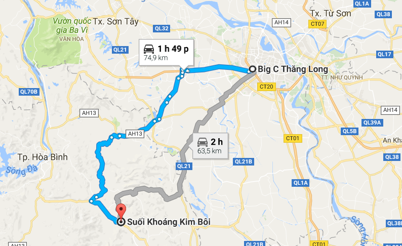 Đường đi đến khu du lịch, khởi hành từ BigC Hà Nội.